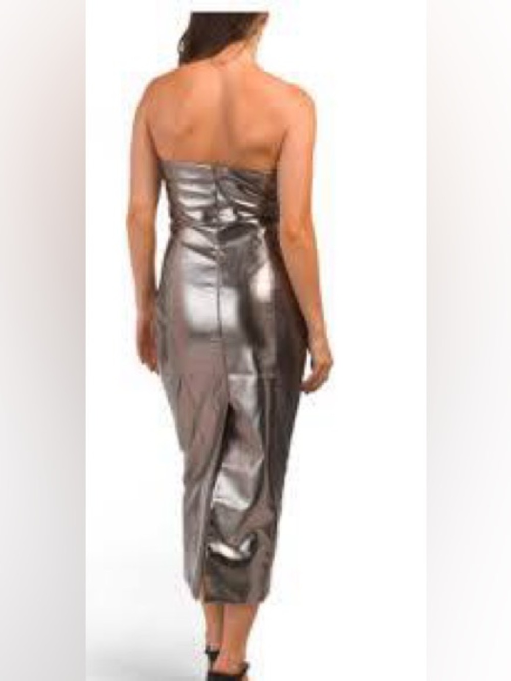 NEW🩶❤️ Metallic Pewter Silver Strapless Midi Dress Faux Leather Glam Sexy Party - Picture 3 of 9